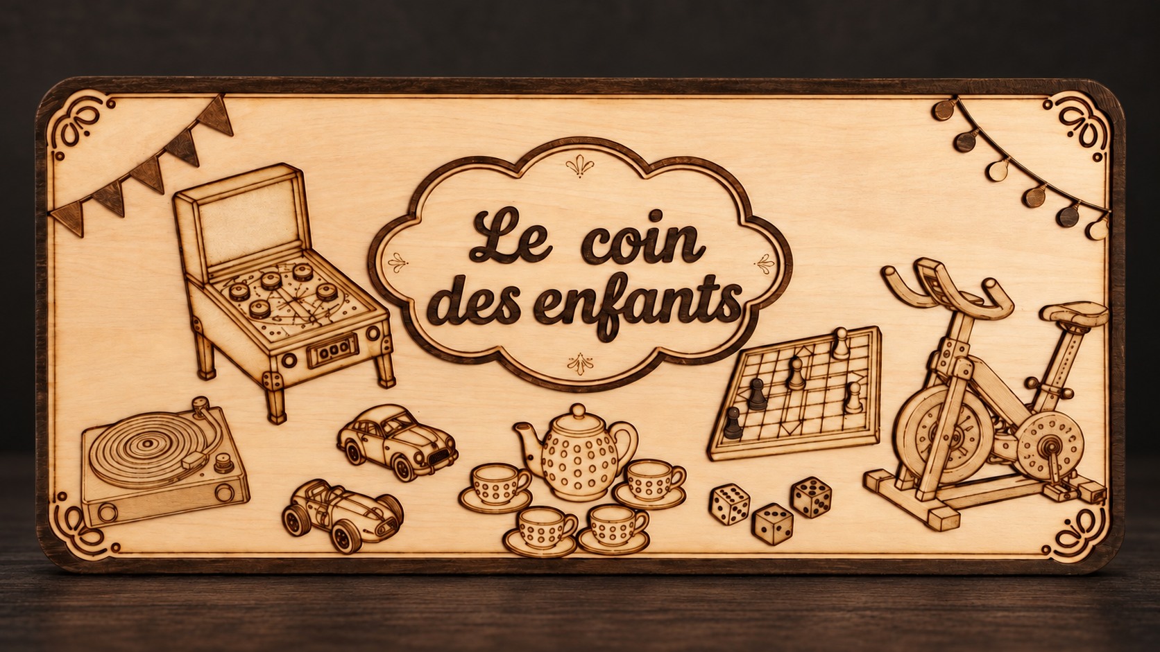 Plaque en bois Le coin des enfants, conçue sur commande, sur fond sombre