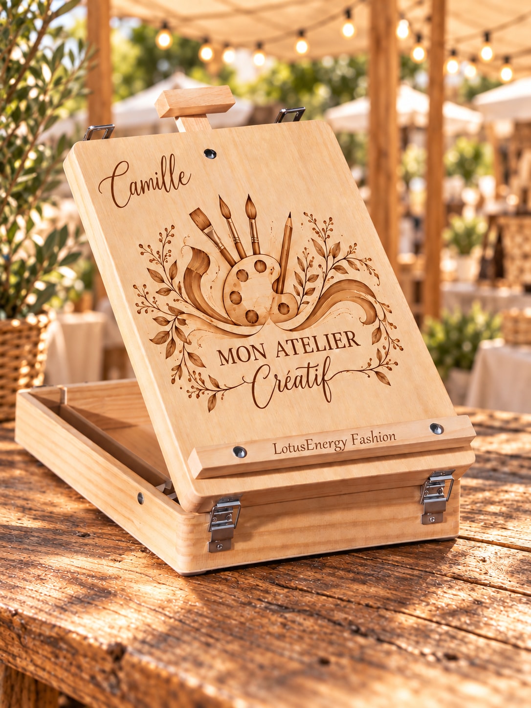 Chevalet-coffret d’artiste personnalisé avec le prénom Camille et une gravure créative
