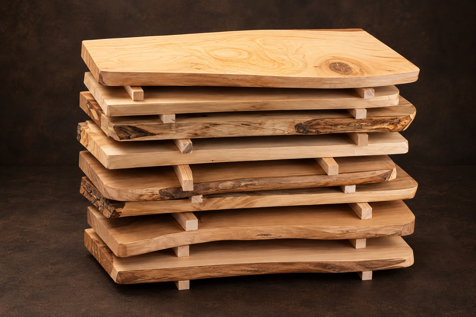 Collection de bois feuillus issus d’arbres tombés naturellement, séchés et préparés pour une gravure personnalisée