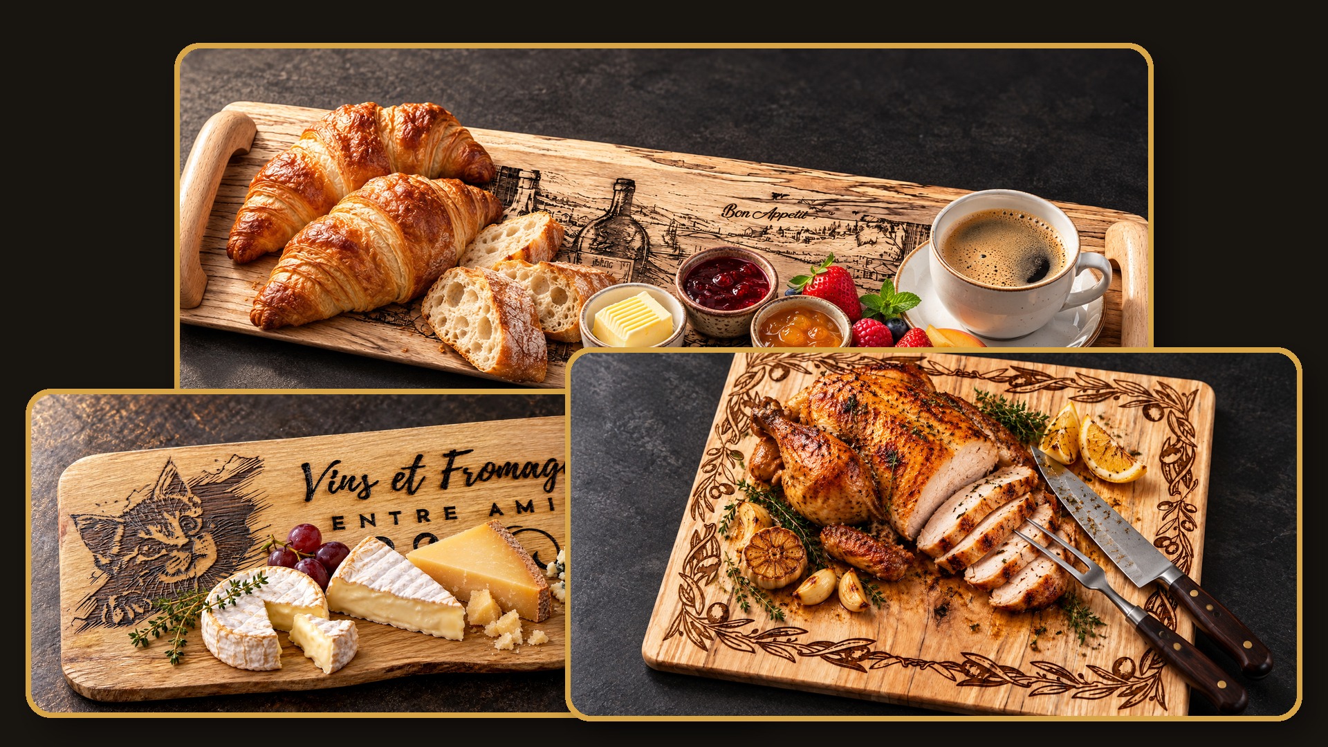 Examples of handmade boards presented for cheese, breakfast and carving