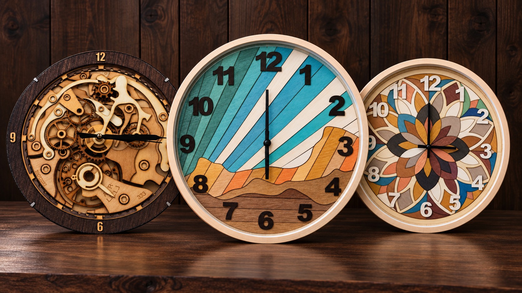 Selection of three handmade wooden clocks: HO 1, HO 8 and HO 9