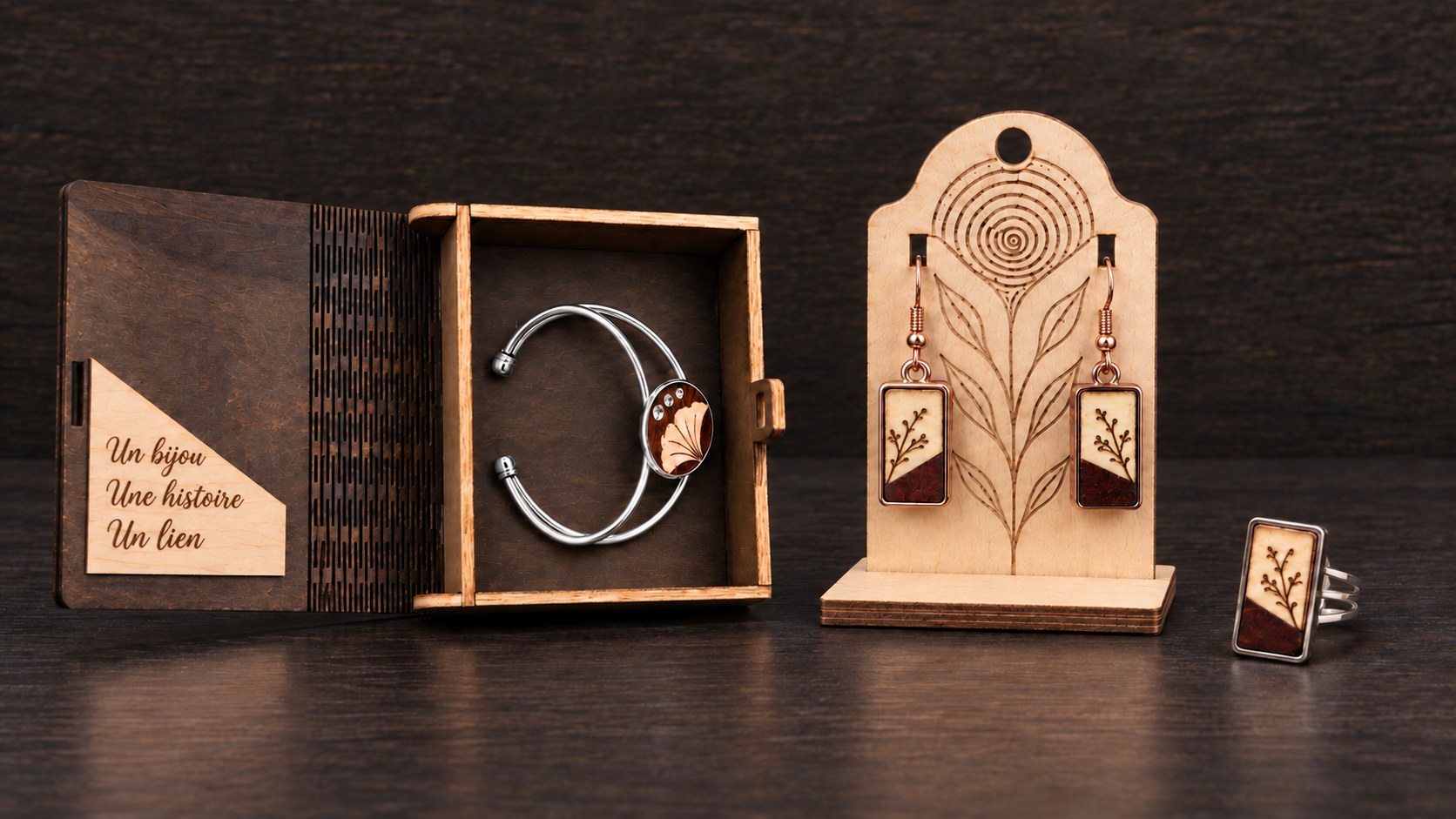 Coordinated selection of handmade wooden jewellery: bracelet, earrings and ring