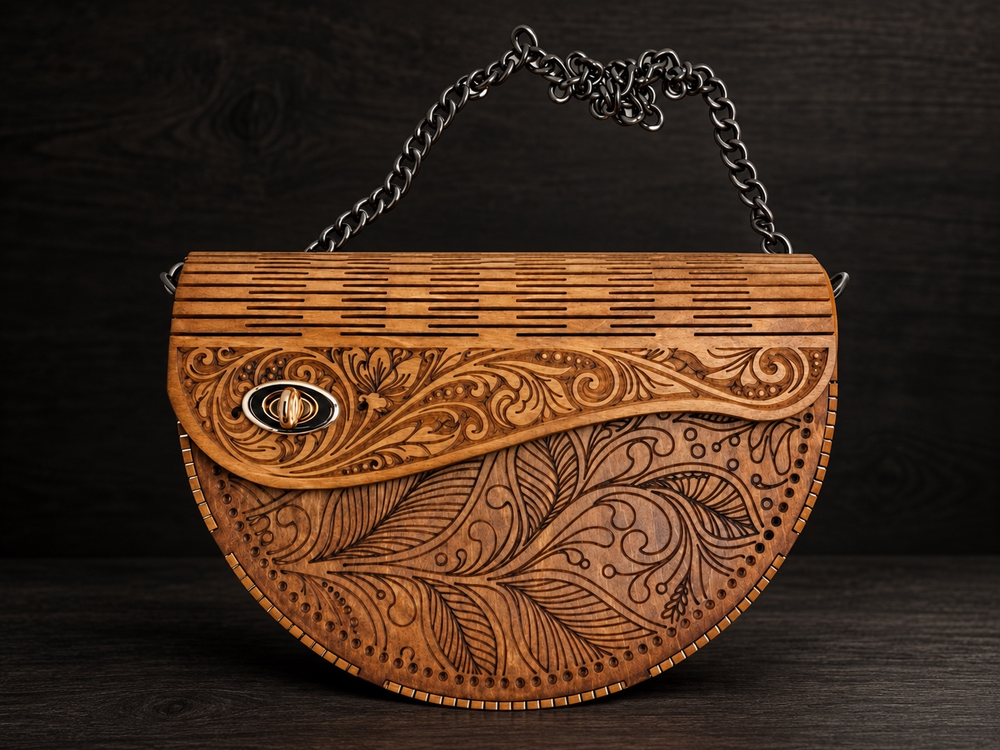 Référence SB 13 — Sac demi-lune botanique en bois brun — fabriqué à la main