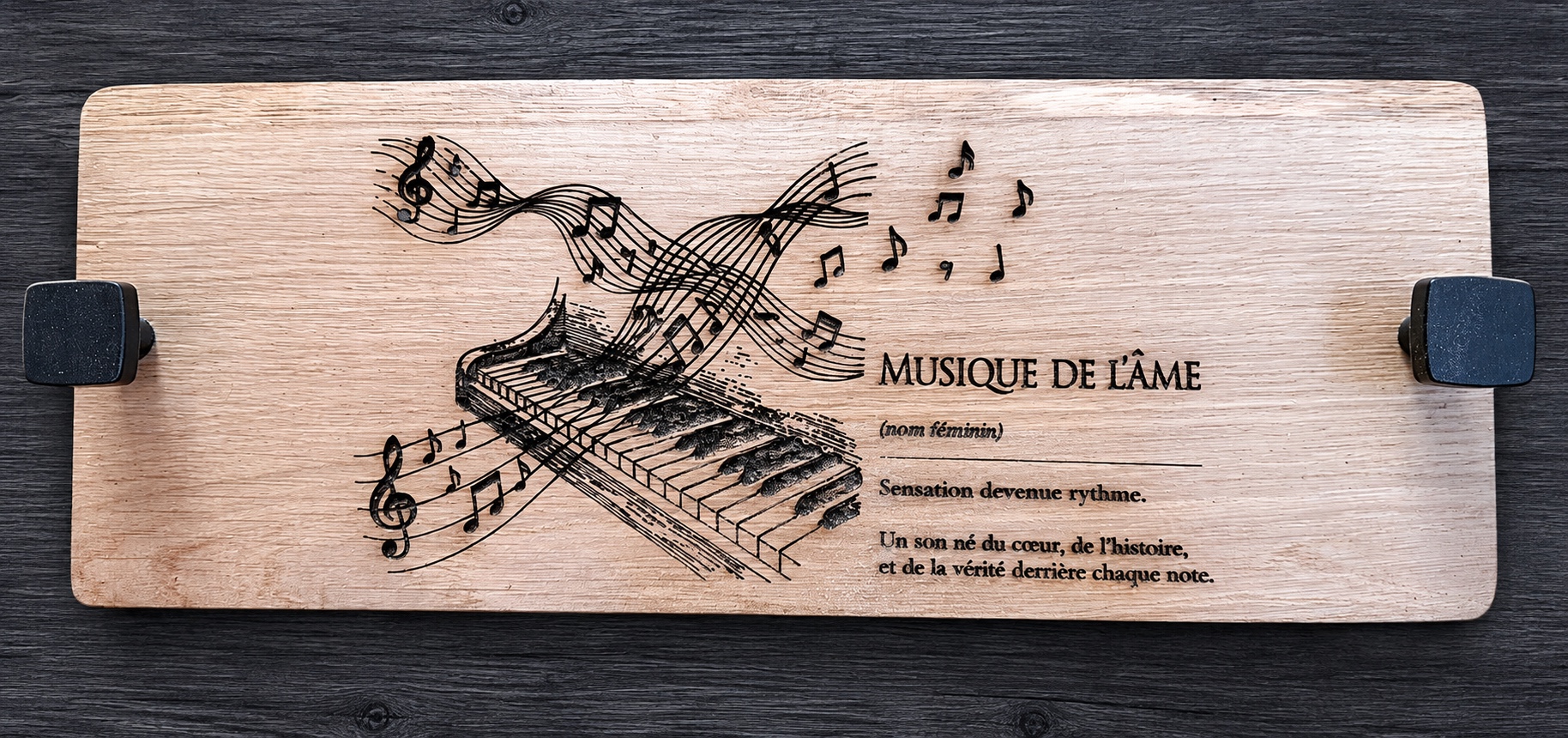Référence PL 2 — planche musicale en frêne local gravée — 15 × 39 cm
