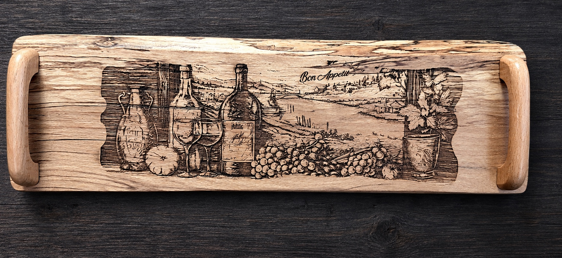 Référence PL 3 — plateau de service en hêtre échauffé avec paysage viticole gravé — 45 × 14 cm