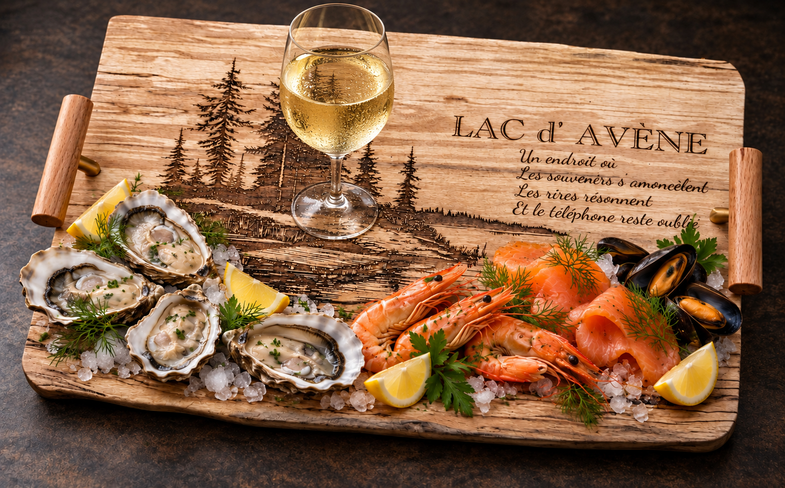 Référence PL 5b — planche Lac d’Avène PL 5 avec fruits de mer et vin blanc