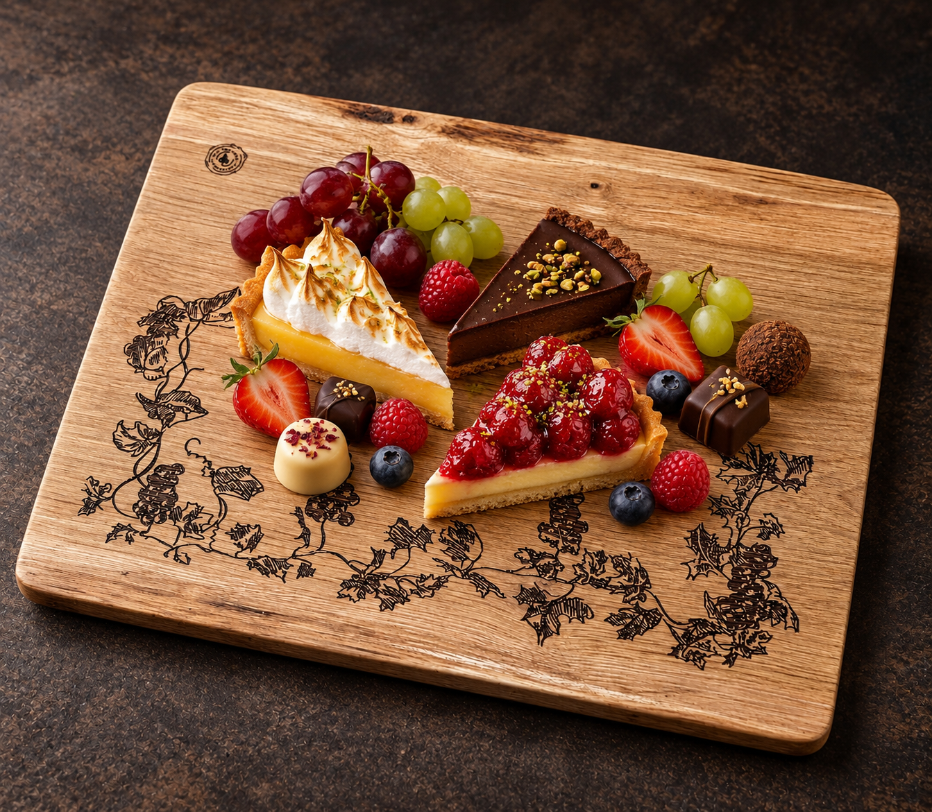 Référence PL 9b — planche PL 9 dressée avec des tartes, chocolats, raisins et fruits rouges