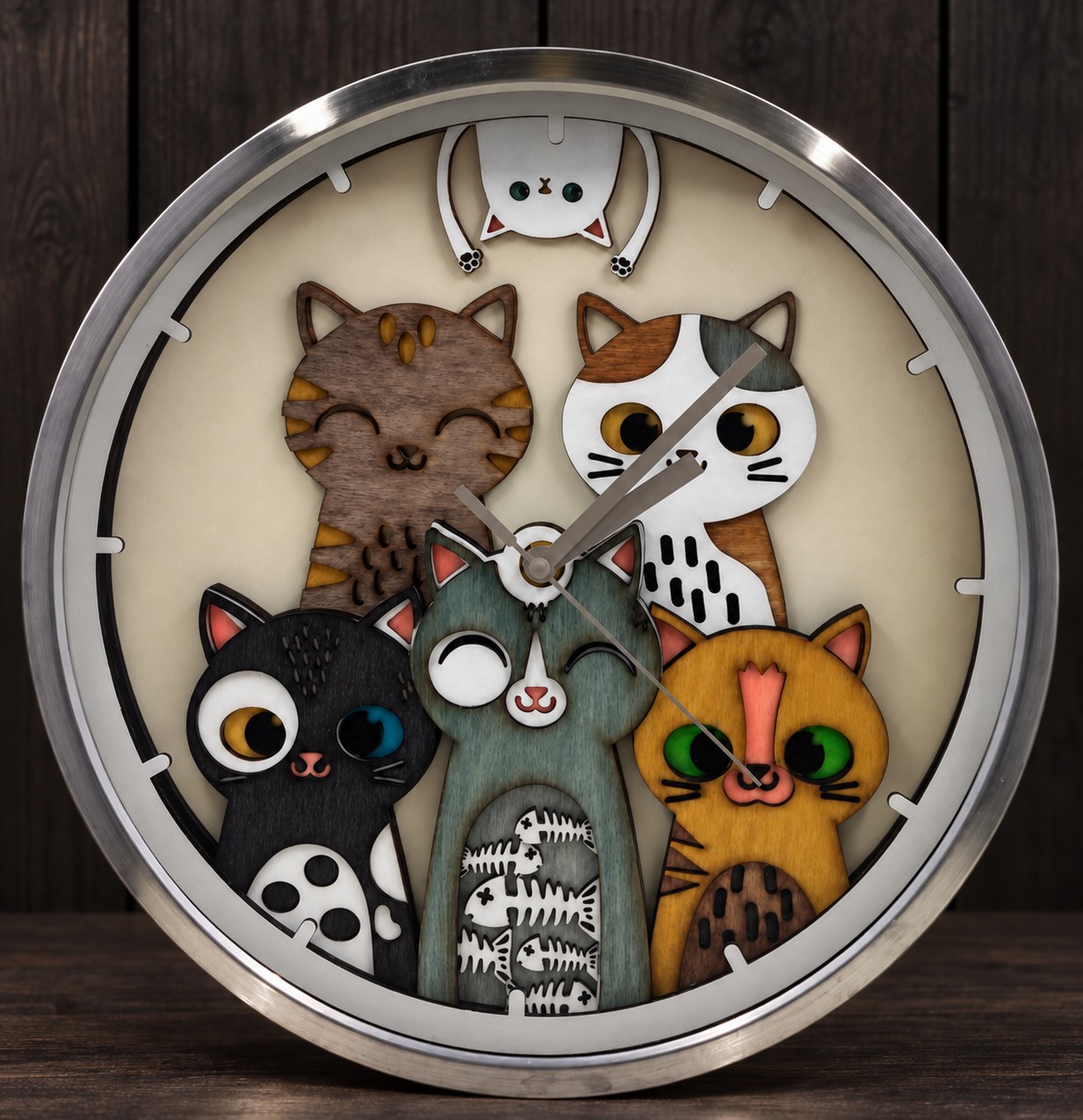 Référence HO 5 — horloge ronde en bois avec cinq chats colorés et un petit chat en haut sur fond studio sombre, diamètre 29 cm