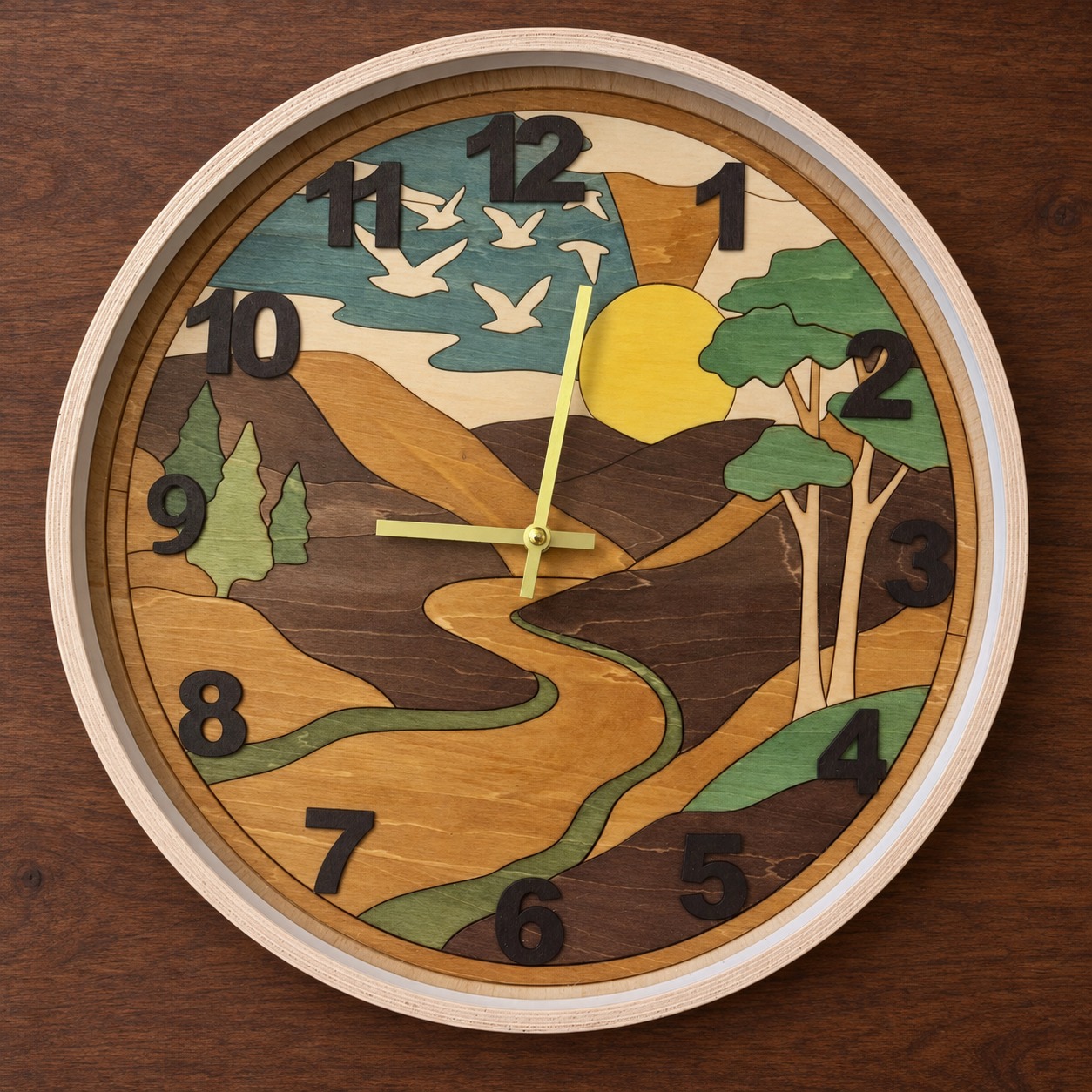 Référence HO 6 — horloge paysage en marqueterie de bois avec rivière, façade en verre et cadre en bois, diamètre 37 cm