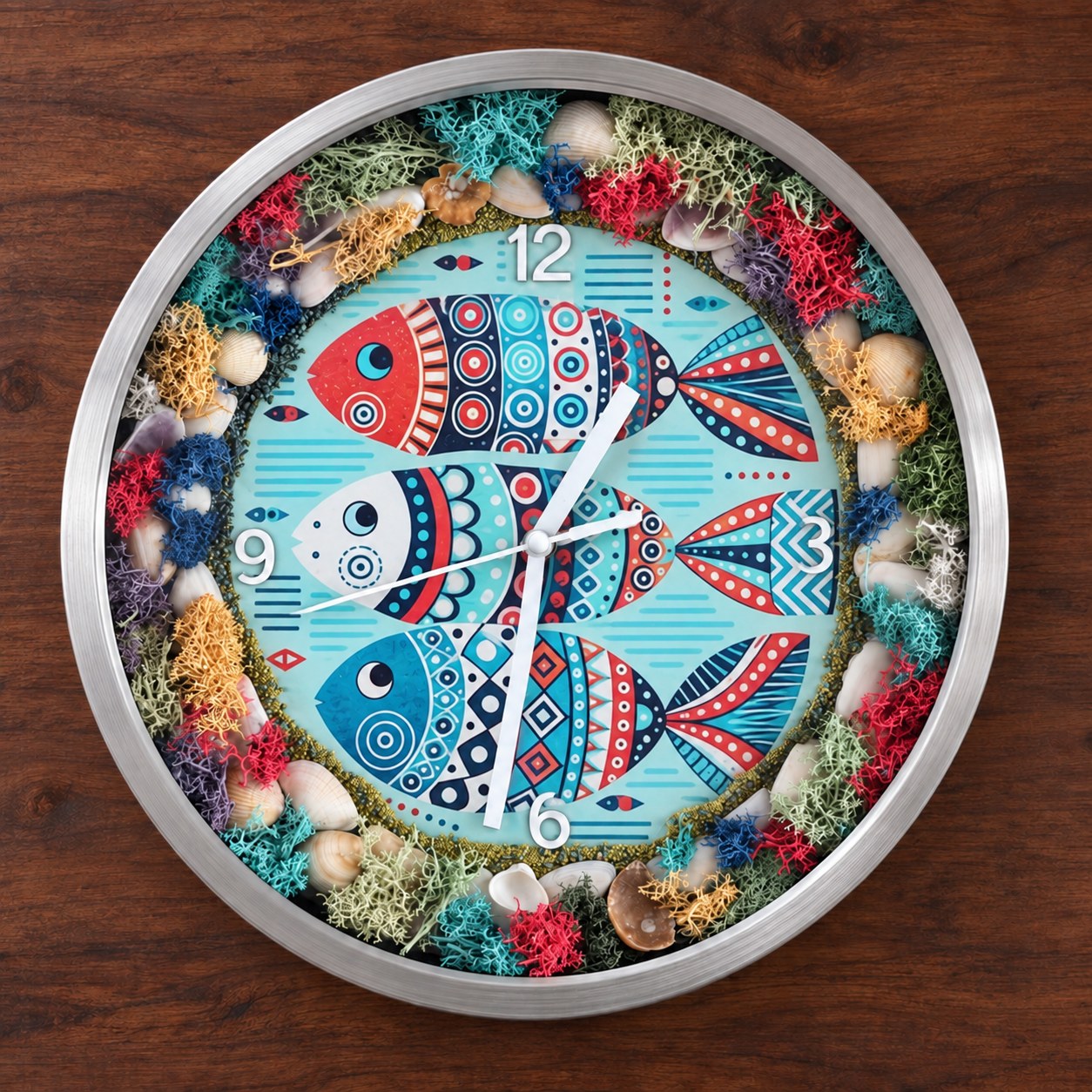 Référence HO 10 — horloge poissons décoratifs avec coquillages, lichen coloré et façade en verre, diamètre 28,3 cm