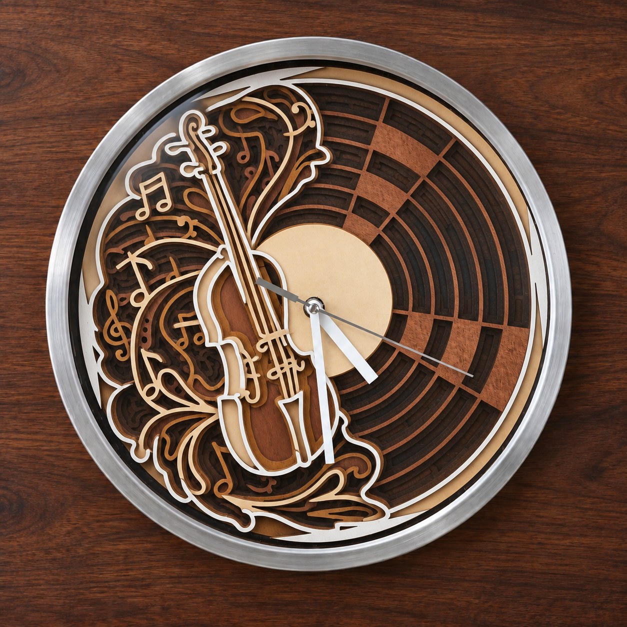 Référence HO 12 — horloge violon et musique en bois avec façade en verre, diamètre 28,3 cm