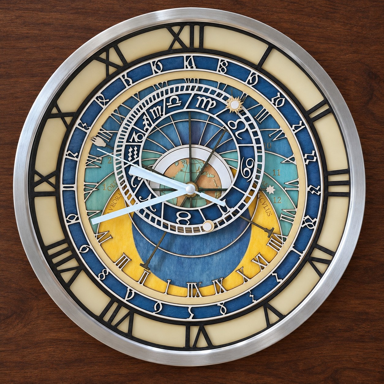 Référence HO 13 — horloge astronomique à cadrans multiples avec chiffres romains, zodiaque et façade en verre, diamètre 28,3 cm