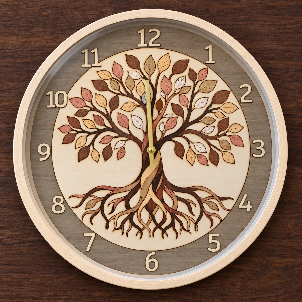 Référence HO 16 — horloge ronde Arbre de vie en marqueterie de bois avec feuilles multicolores, racines entrelacées, façade en verre et cadre clair, diamètre 37 cm