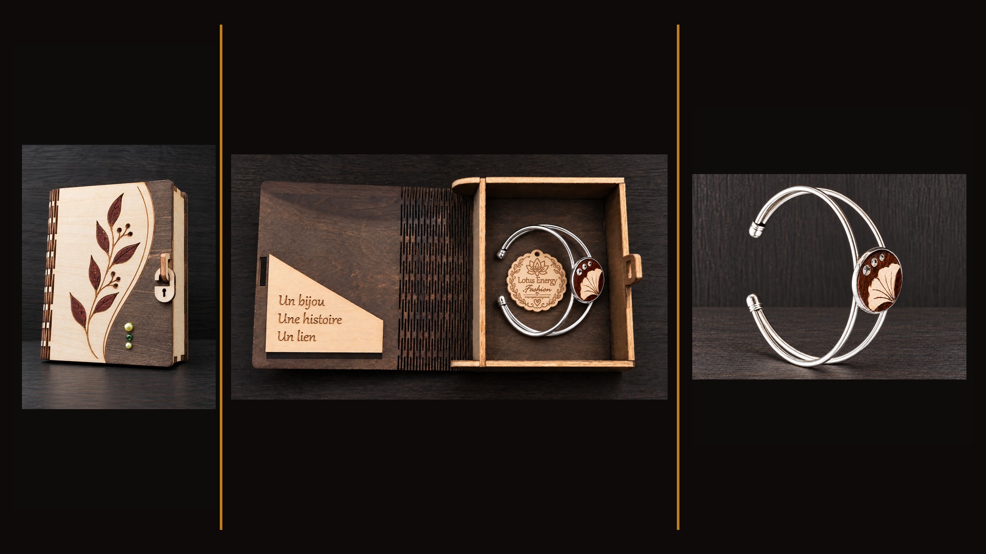 Jewellery shown on its own and inside its handmade wooden presentation box