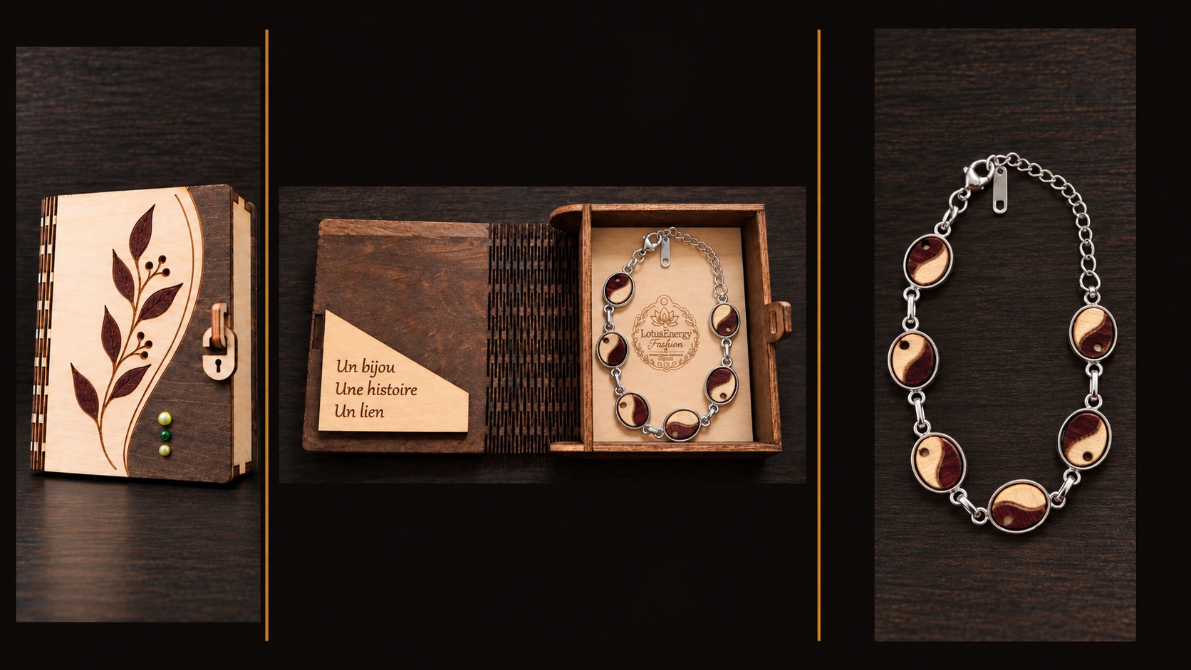 Référence BI 8 — bracelet argenté à sept médaillons ovales en bois bicolore avec coffret artisanal à intérieur clair, présenté en trois vues