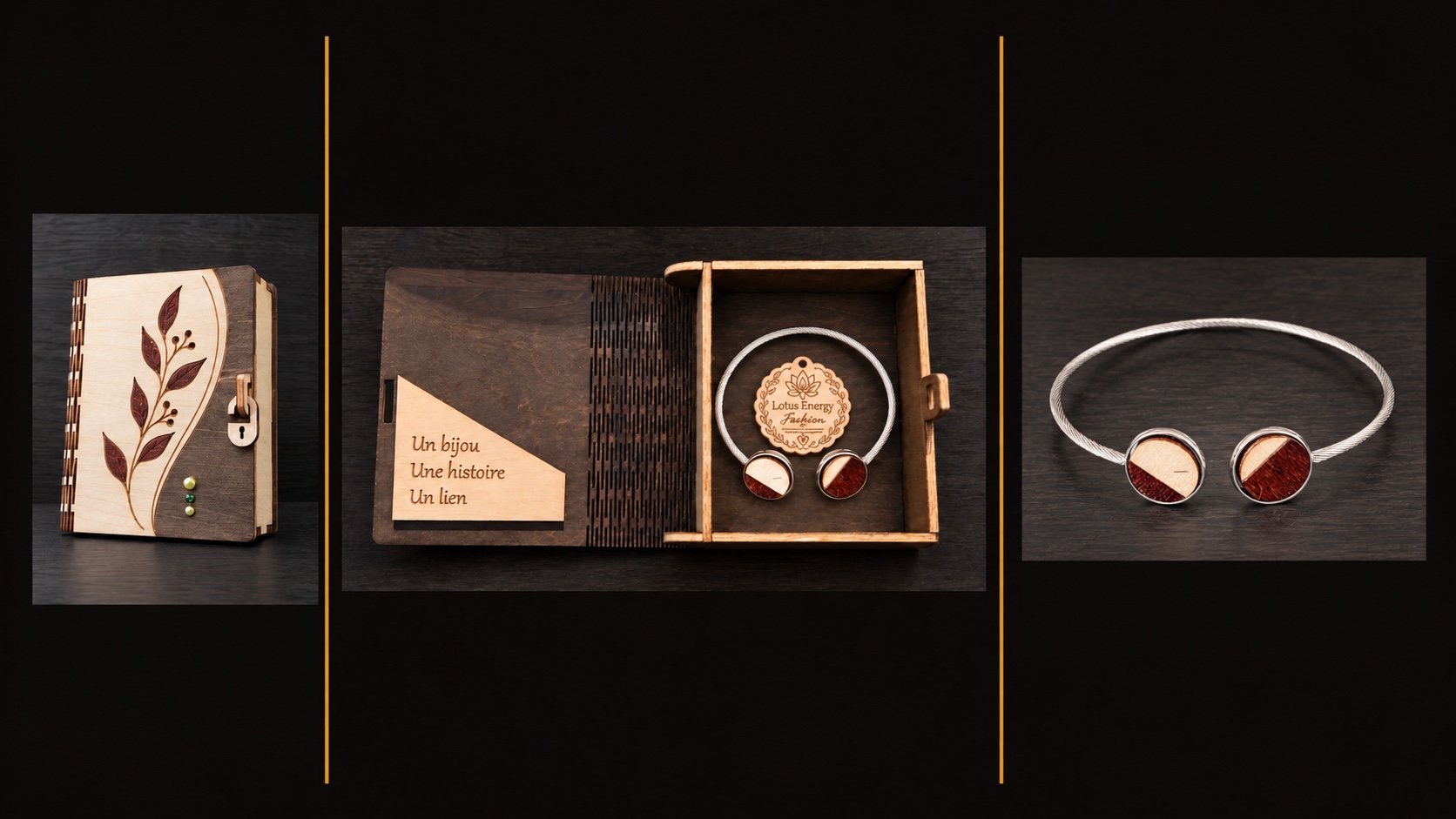 Référence BI 9 — bracelet manchette argenté à câble torsadé et deux médaillons en bois avec coffret artisanal à intérieur sombre, présenté en trois vues
