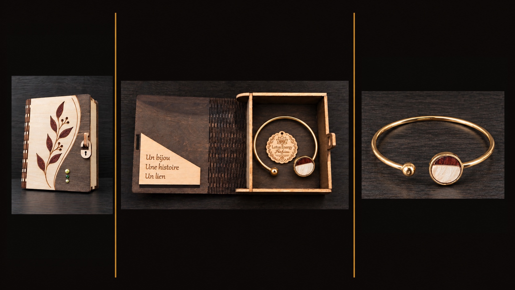 Référence BI 10 — bracelet manchette doré à médaillon rond en bois bicolore avec coffret artisanal à intérieur sombre, présenté en trois vues