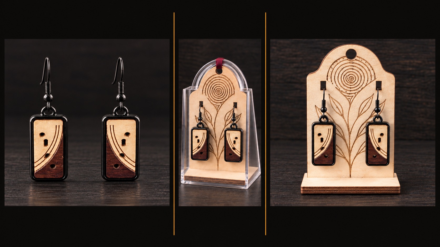 Référence BI 14 — boucles d’oreilles noires rectangulaires en bois bicolore courbé, présentées en trois vues
