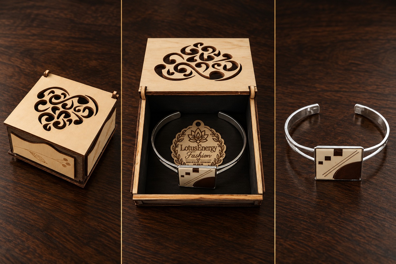 Référence BI 24 — bracelet manchette argenté à médaillon carré géométrique en bois bicolore, avec son coffret de présentation artisanal, présenté en trois vues