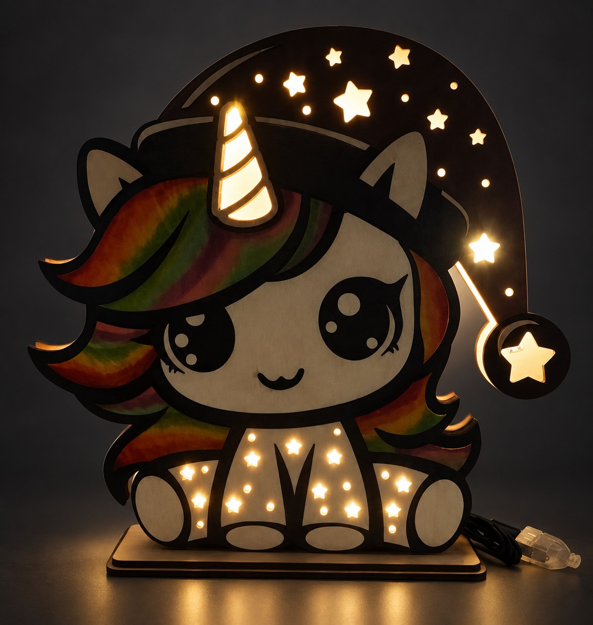 Lampe licorne arc-en-ciel — allumée — AL 10b