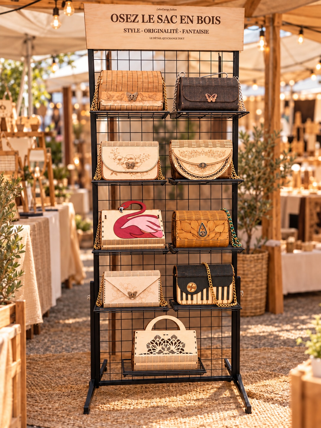 Wooden bag market display with a selection of handmade bags arranged on shelves
