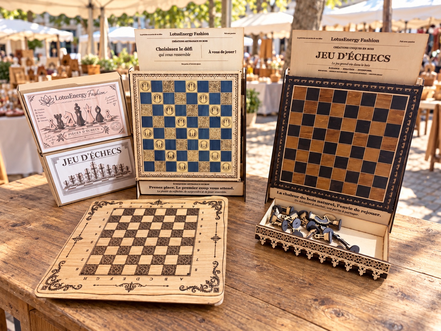 Lotus Energy Fashion market display presenting several handmade wooden chessboards and their pieces