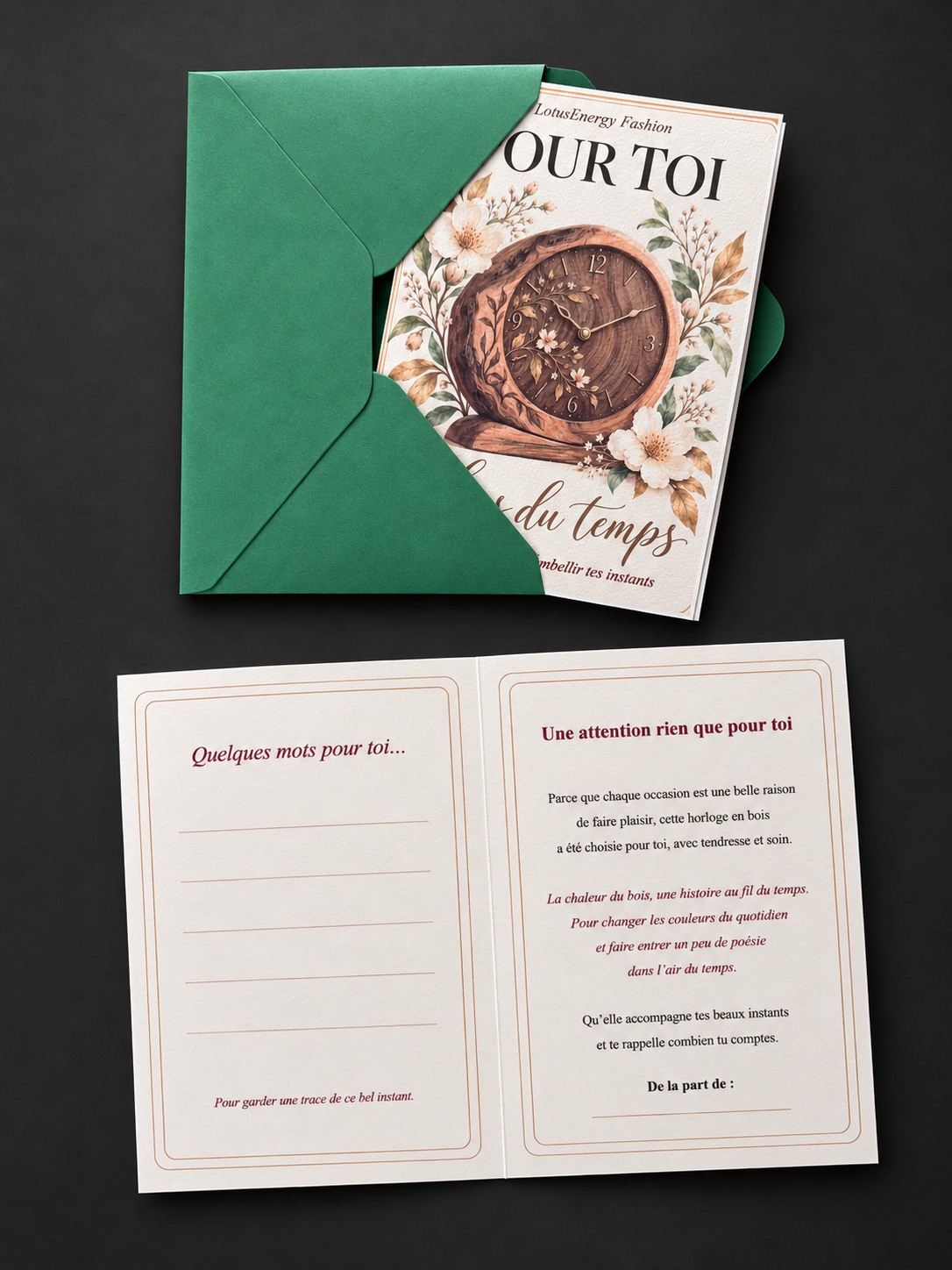 Complimentary wooden-clock greeting card with its green envelope, presented against a dark background