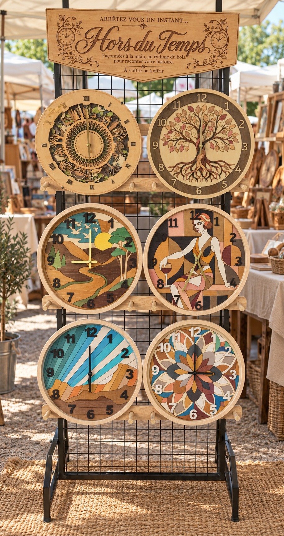 Hors du Temps market display with six large handmade wooden clocks arranged in three rows